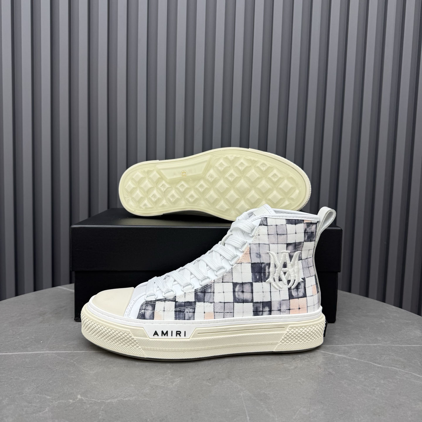 Amiri Gray & White Checkered Court Hi Sneakers - DesignerGu