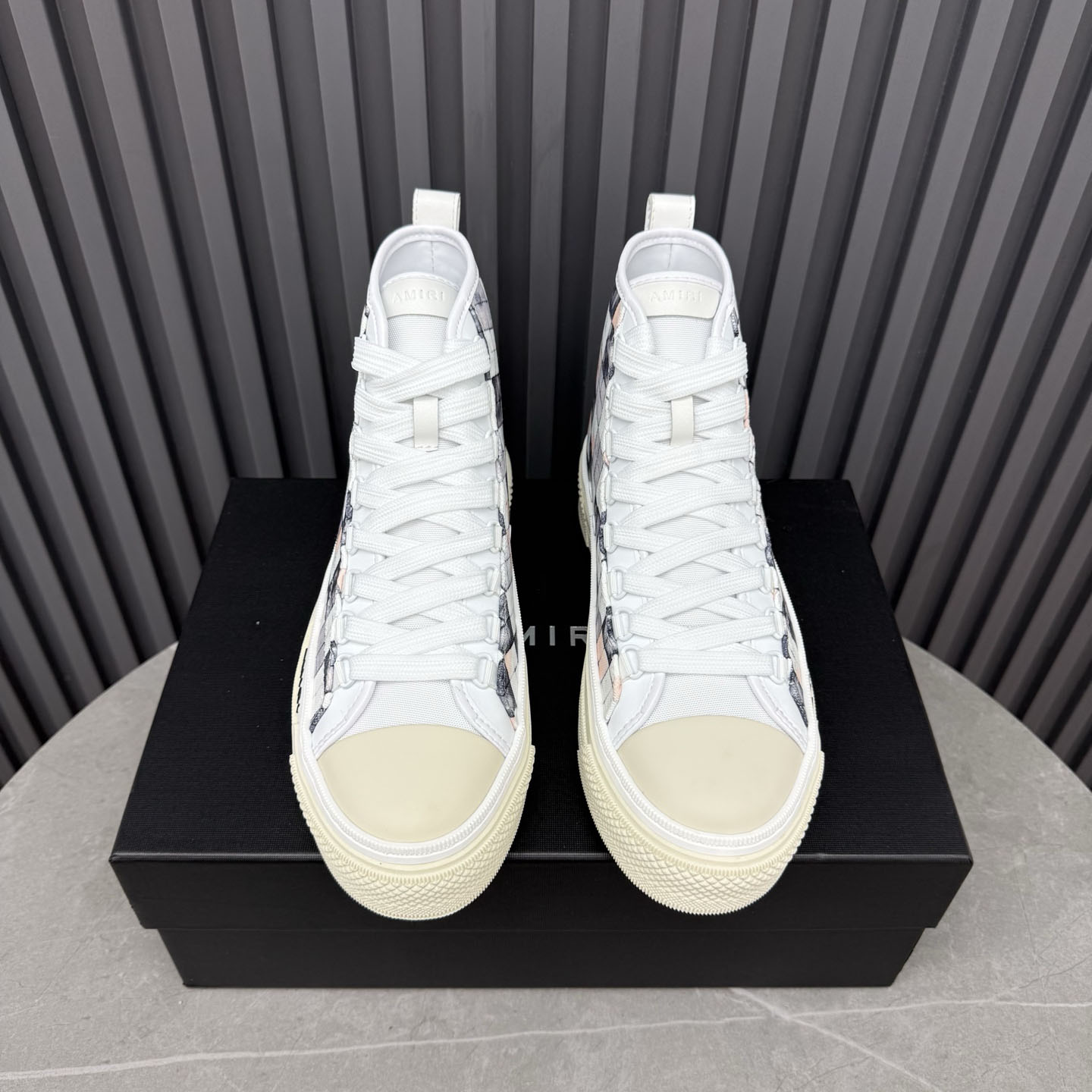 Amiri Gray & White Checkered Court Hi Sneakers - DesignerGu