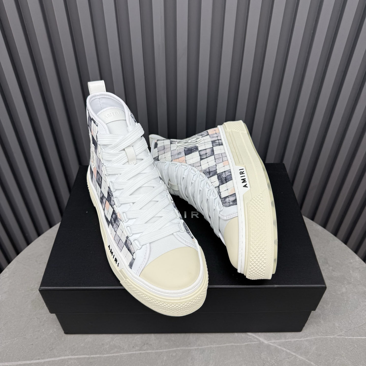 Amiri Gray & White Checkered Court Hi Sneakers - DesignerGu