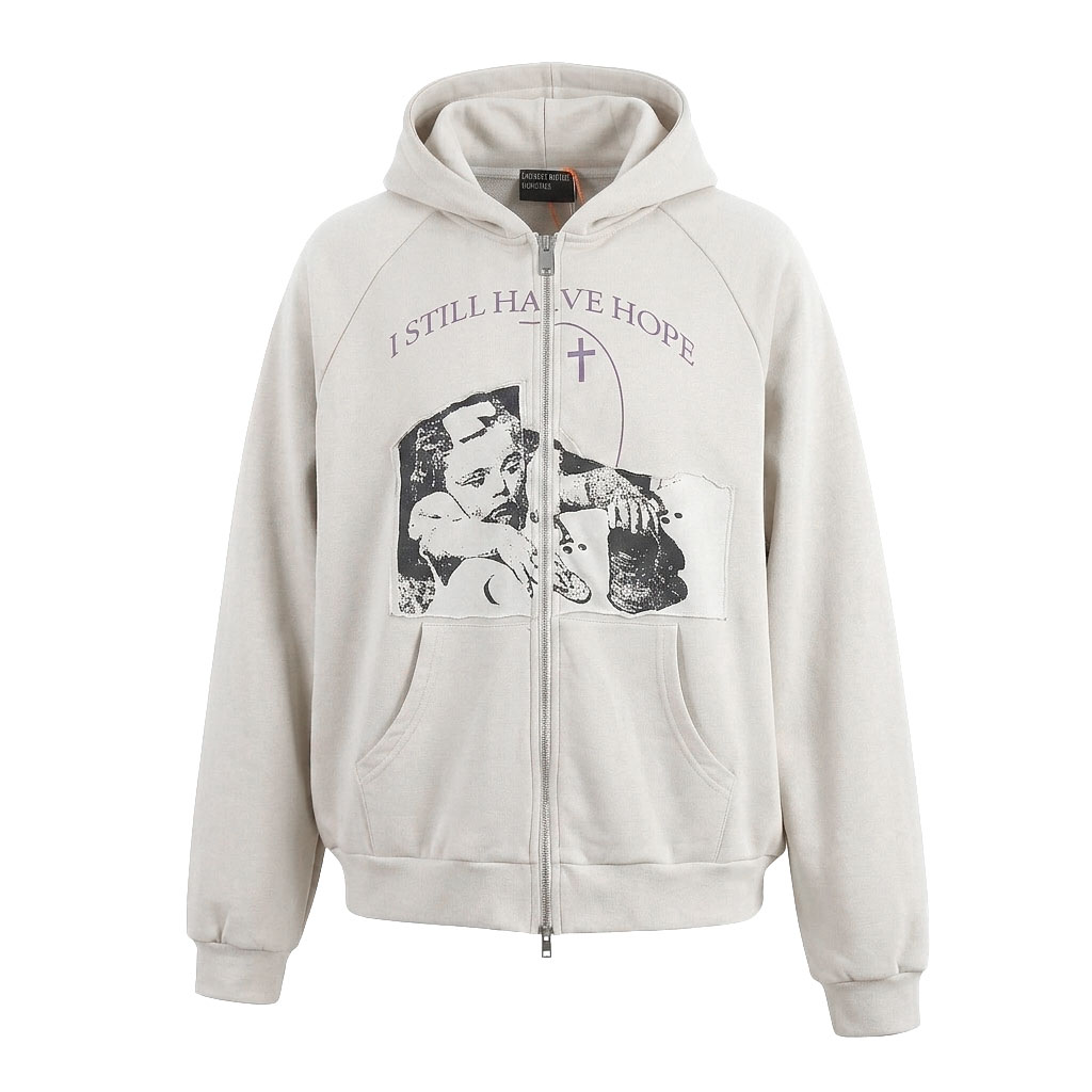 Enfants Riches Déprimés I Still Have Hope Printed Cotton-Jersey Zip-Up Hoodie - Neutrals - DesignerGu