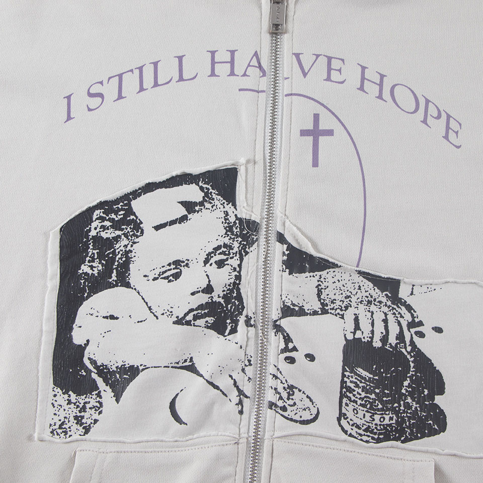 Enfants Riches Déprimés I Still Have Hope Printed Cotton-Jersey Zip-Up Hoodie - Neutrals - DesignerGu