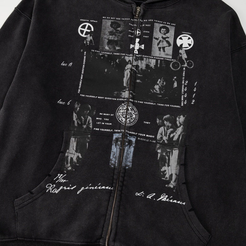 Enfants Riches Déprimés Djagilve's Grave Distressed Printed Cotton-Jersey Zip-Up Hoodie - Black - DesignerGu