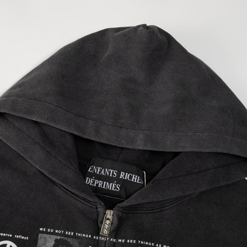 Enfants Riches Déprimés Djagilve's Grave Distressed Printed Cotton-Jersey Zip-Up Hoodie - Black - DesignerGu