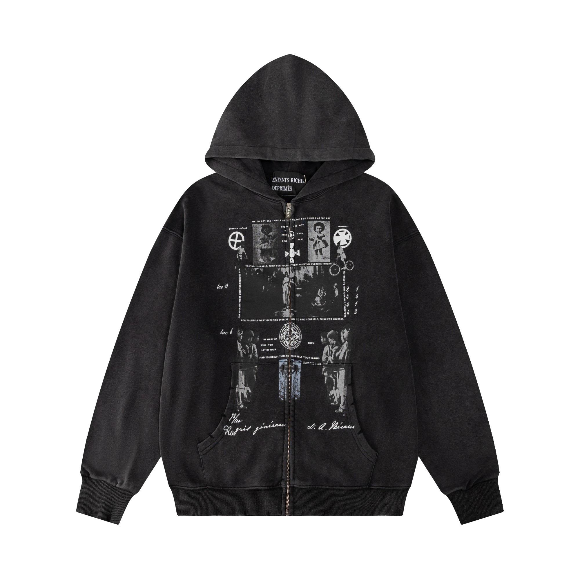 Enfants Riches Déprimés Djagilve's Grave Distressed Printed Cotton-Jersey Zip-Up Hoodie - Black - DesignerGu