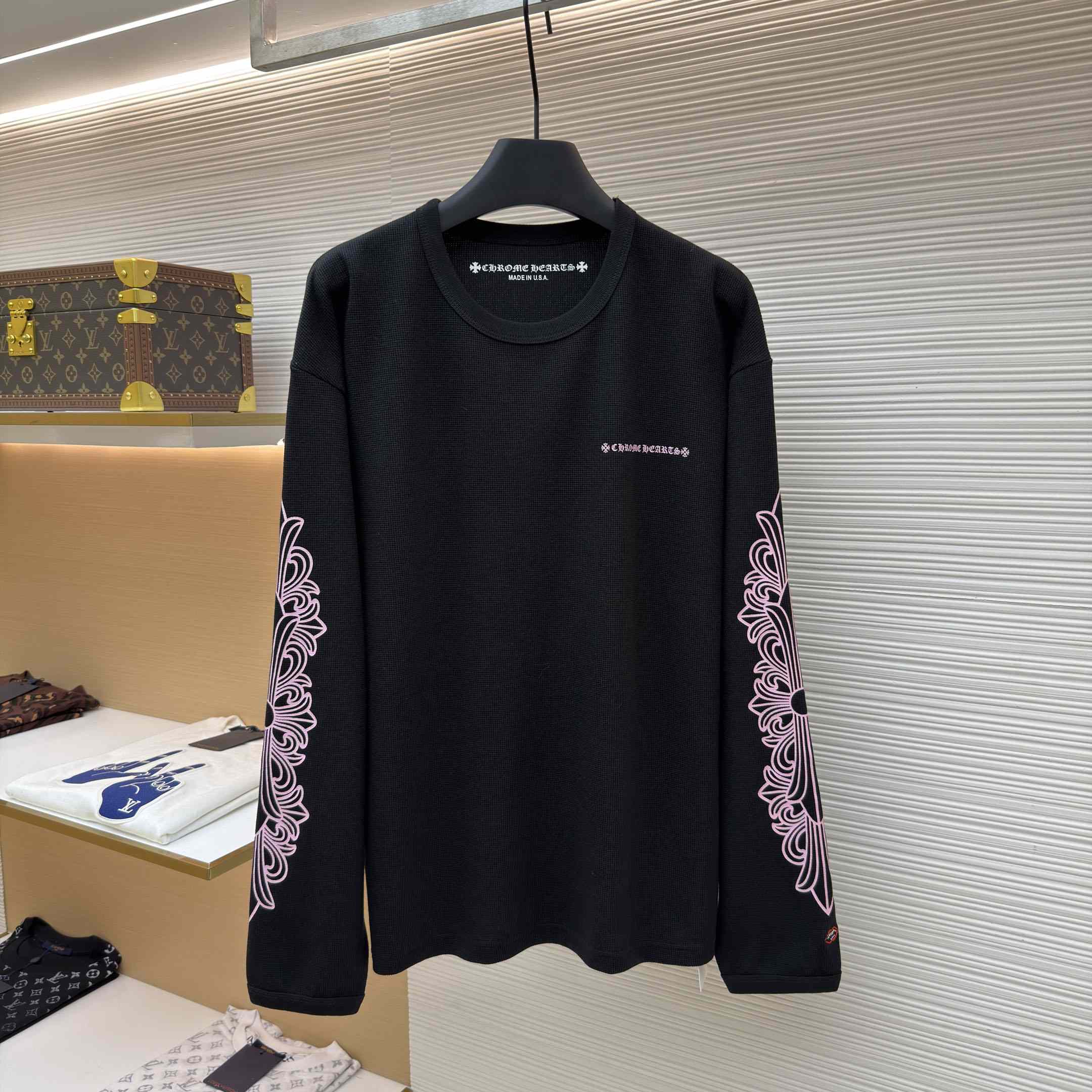 Chrome Hearts Matty Boy Pink Script Black Waffle Thermal Long Sleeve Tee - DesignerGu