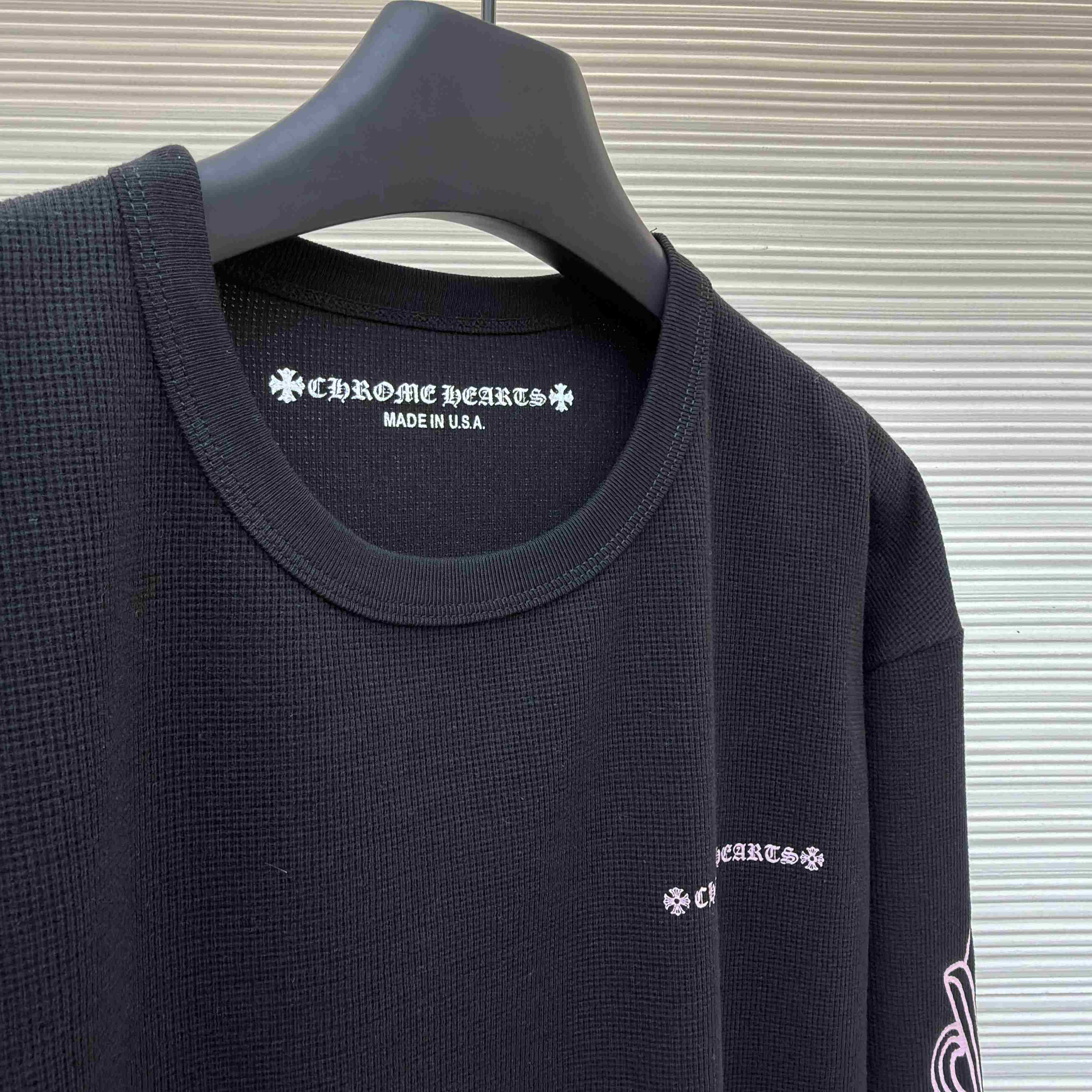 Chrome Hearts Matty Boy Pink Script Black Waffle Thermal Long Sleeve Tee - DesignerGu