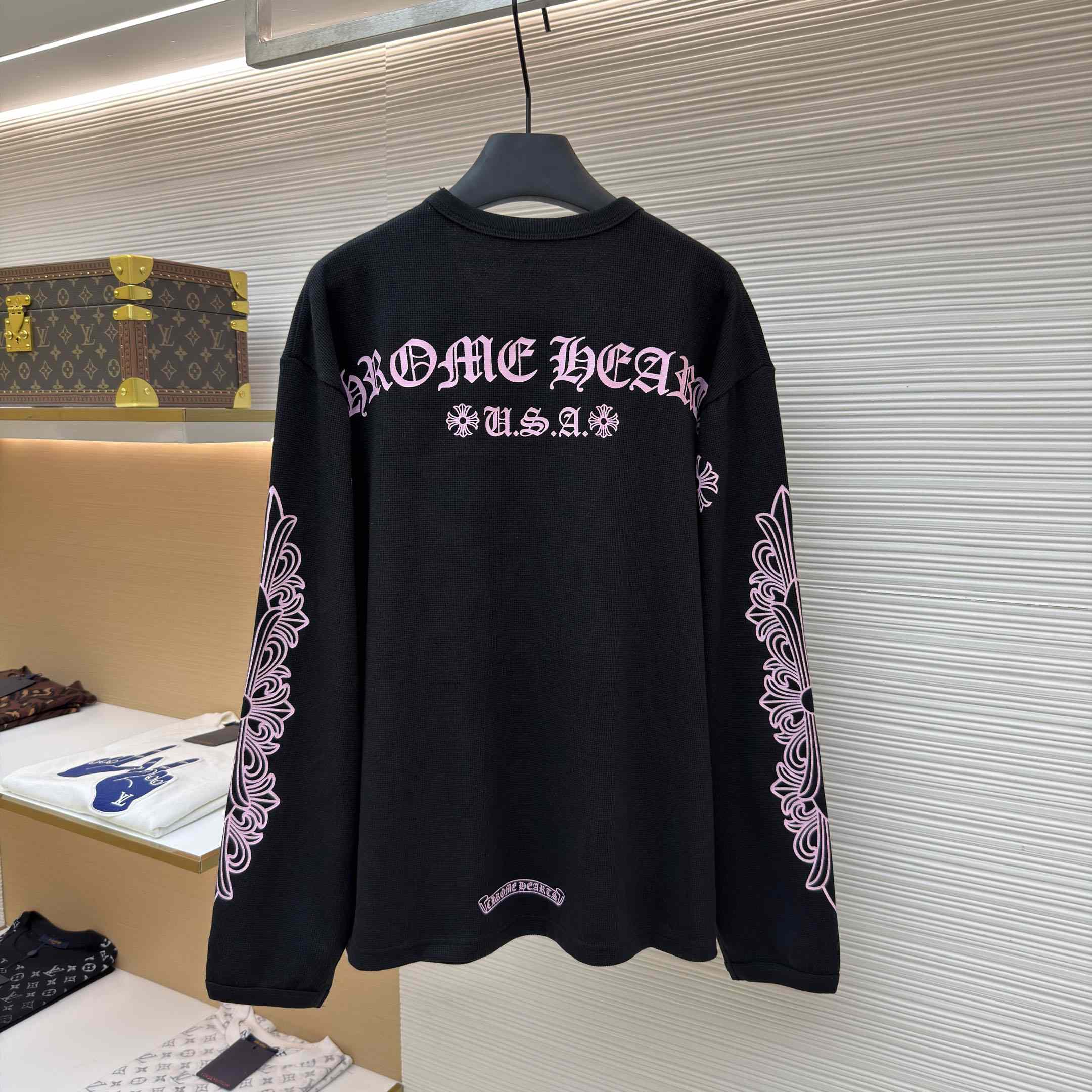 Chrome Hearts Matty Boy Pink Script Black Waffle Thermal Long Sleeve Tee - DesignerGu