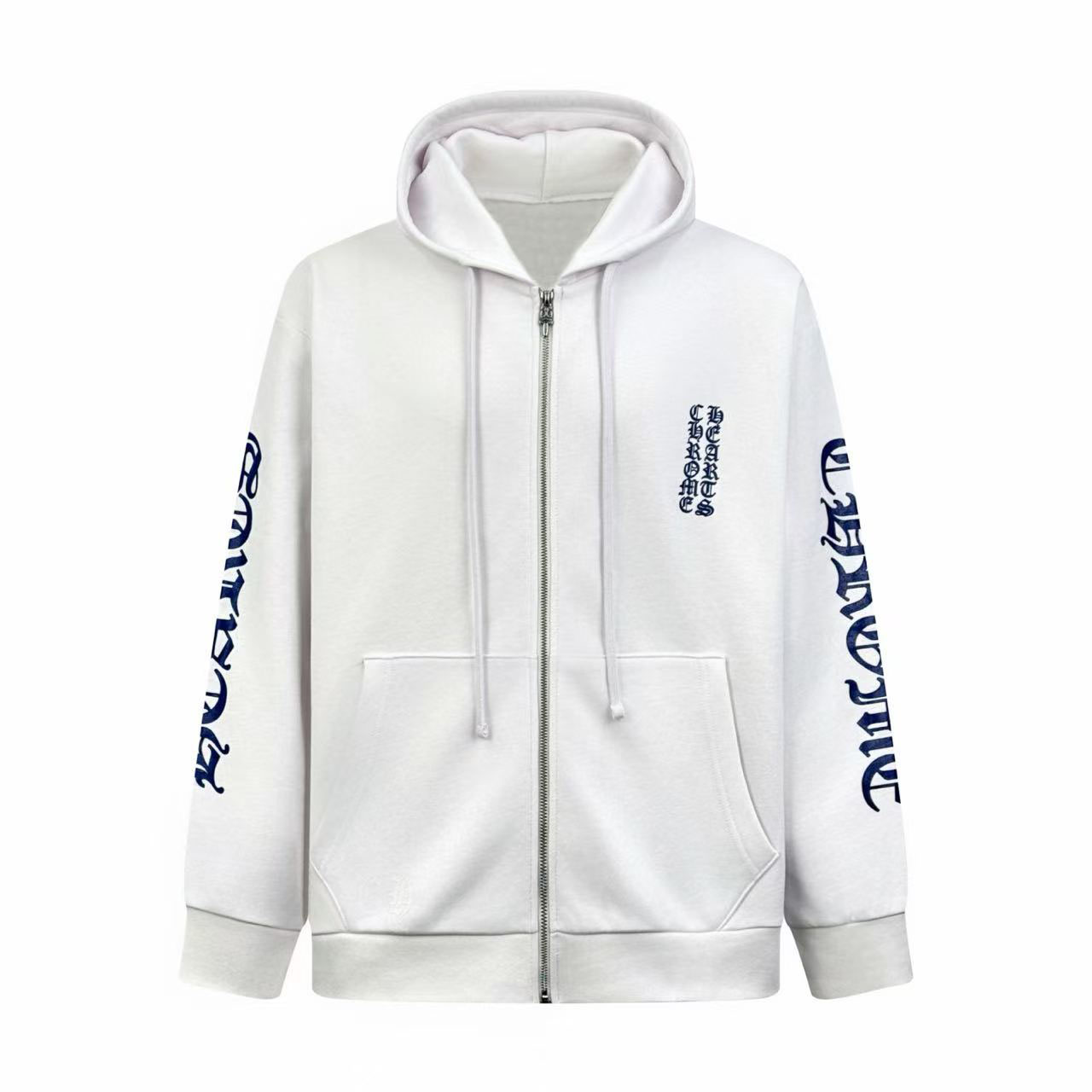 Chrome Hearts Blue Scroll Label White Zip Up Hoodie - DesignerGu