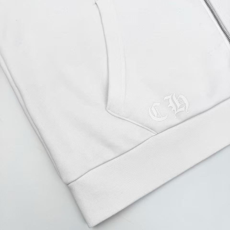 Chrome Hearts Blue Scroll Label White Zip Up Hoodie - DesignerGu