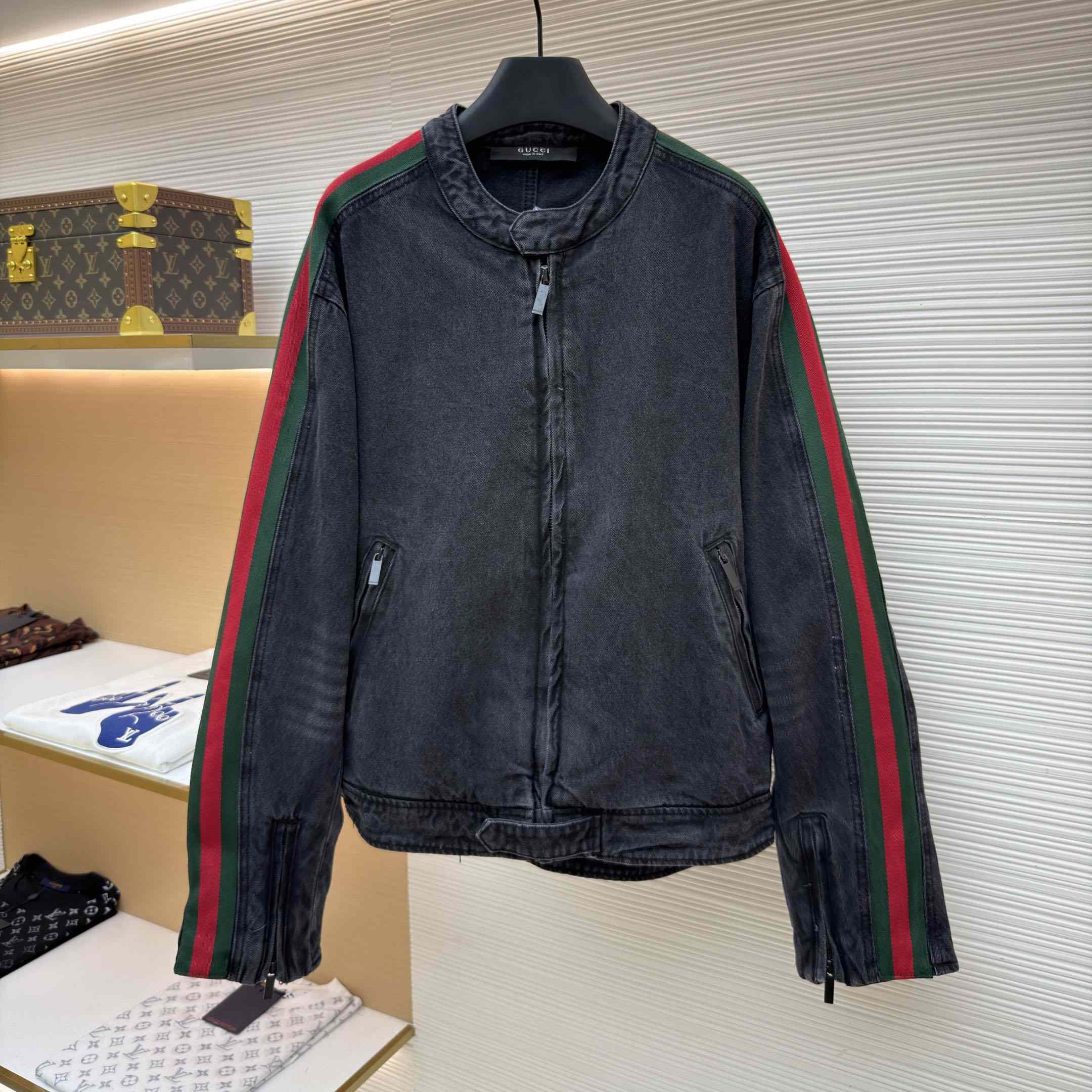 Gucci Cotton Denim Biker Jacket With Web - DesignerGu