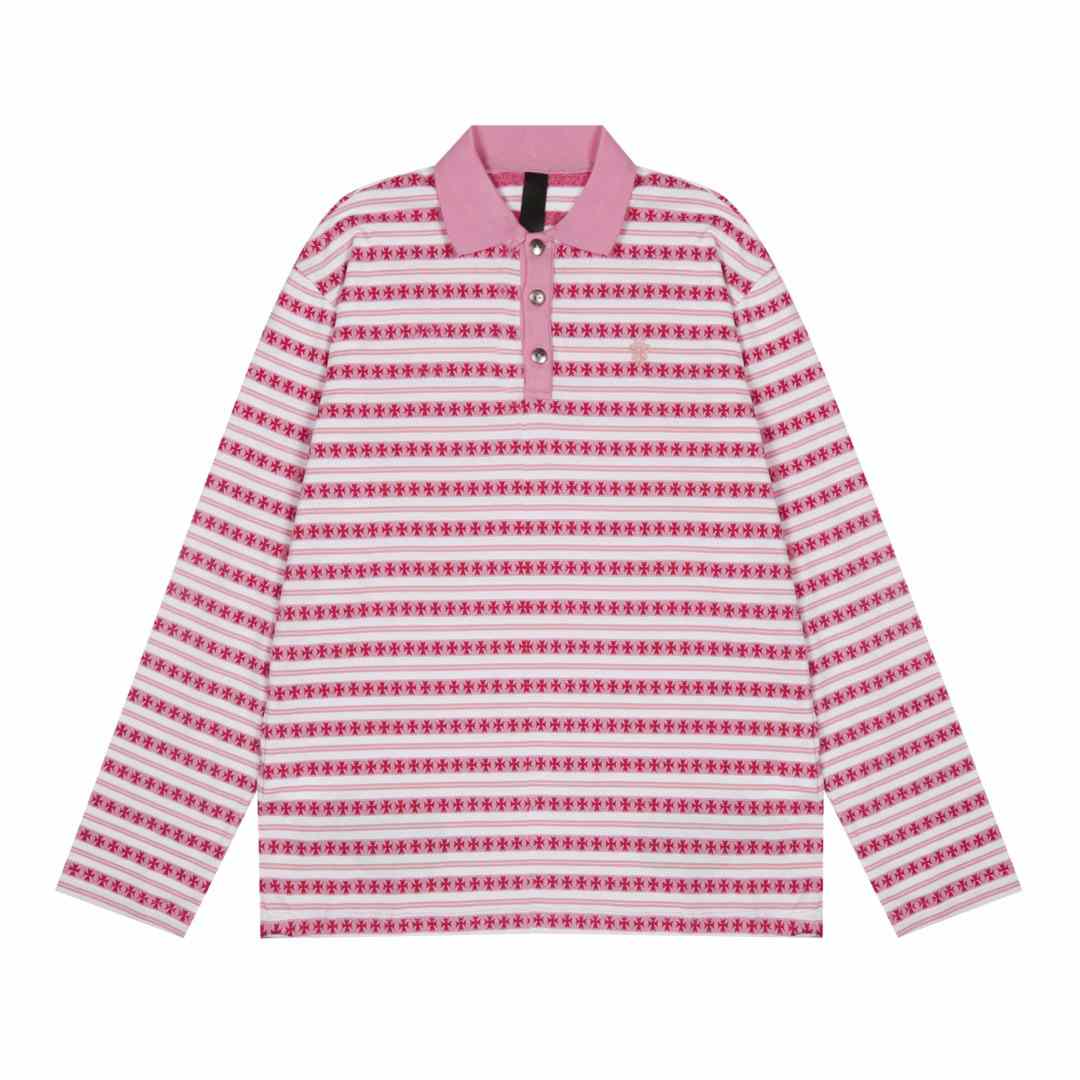 Chrome Hearts Cross Stripe Long Sleeve Polo Shirt Pink - DesignerGu