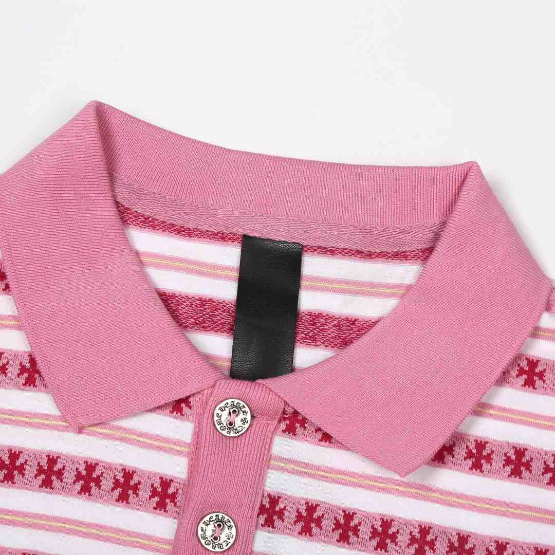 Chrome Hearts Cross Stripe Long Sleeve Polo Shirt Pink - DesignerGu